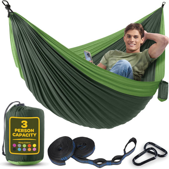 Picture of Durable Hammock 550 lb Capacity, Nylon Camping Hammock Chair - Double or Single Sizes w/Tree Straps and Attached Carry Bag - for Travel/Backpacking/Beach/Backyard (X-Large, Forest Green & Lima Green)