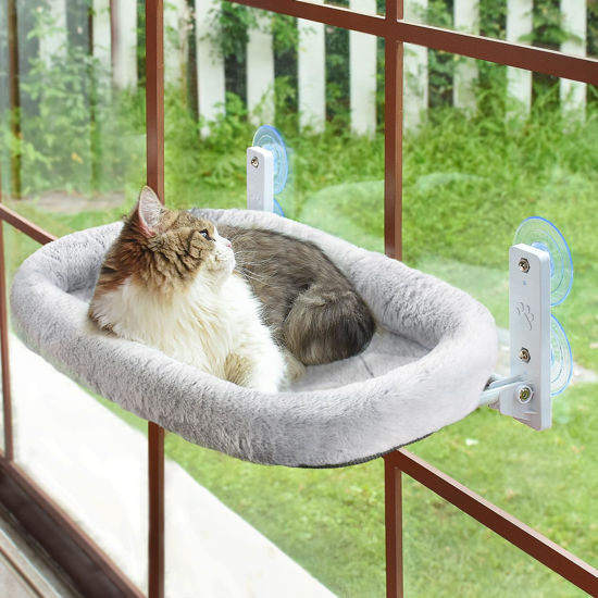 Picture of AMOSIJOY Cordless Cat Window Perch, Cat Hammock for Wall with 4 Strong Suction Cups, Solid Metal Frame and Two Replaceable Covers, Foldable Cat Beds for Indoor Cats (Large-Cushion Bed-Gray)