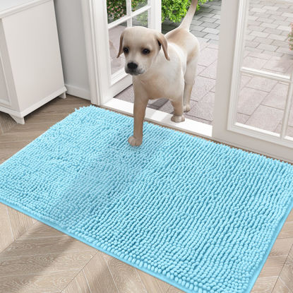 Picture of OLANLY Dog Door Mat for Muddy Paws 36x24, Absorbs Moisture and Dirt, Absorbent Non-Slip Washable Mat, Quick Dry Chenille, Mud Mat for Dogs, Entry Indoor Door Mat for Inside Floor, Blue