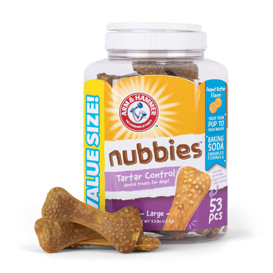 Picture of Arm & Hammer for Pets Nubbies Dental Treats for Dogs | Dental Chews Fight Bad Breath, Plaque & Tartar Without Brushing | Peanut Butter Flavor Value Bucket, 53 Pcs