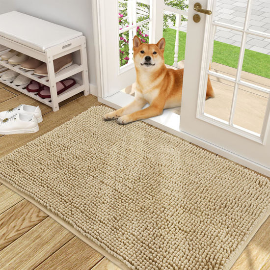 Picture of OLANLY Dog Door Mat for Muddy Paws 48x30, Absorbs Moisture and Dirt, Absorbent Non-Slip Washable Mat, Quick Dry Chenille, Mud Mat for Dogs, Entry Indoor Door Mat for Inside Floor, Beige