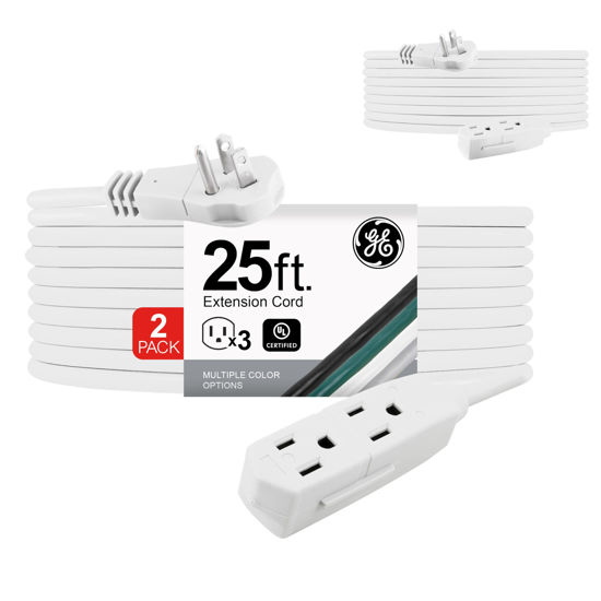 Picture of GE 3-Outlet Flat Extension Cord 25 Ft Grounded Extension Cord with Multiple Outlets 3 Prong Outlet Extender Flat Plug Power Strip Indoor Extension Cord 16 Gauge UL Listed 2 Pack White 69886