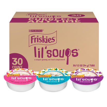 Picture of Purina Friskies Grain Free Wet Cat Food Lickable Cat Treats Variety Pack, Lil' Soups With Salmon, Tuna or Shrimp - (Pack of 30) 1.2 oz. Cups