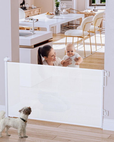 Picture of Cumbor Dog Gate Retractable Baby Gates for Doorways, Family & Mom's Choice Awards Winner- 55" Wide Mesh Pet Gate for Dogs, 34" Tall Safety Gates for The House,Puppy Gate Indoor & Outdoor, White