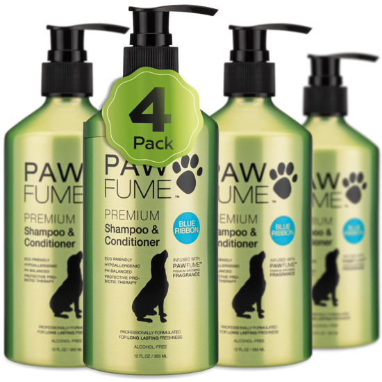 Picture of Pawfume Dog Shampoo and Conditioner - Hypoallergenic Dog Shampoo for Smelly Dogs - Best Dog Shampoos & Conditioners - Probiotic Shampoo for Dogs - Best Dog Shampoo for Puppies (Blue Ribbon, 4-Pack)