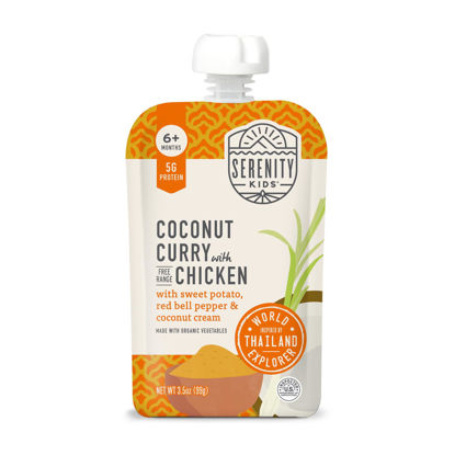 Picture of Serenity Kids 6+ Months World Explorers Baby Food Pouches Puree Made With Ethically Sourced Meats & Organic Veggies | 3.5 Ounce BPA-Free Pouch | Chicken Coconut Curry | 12 Count