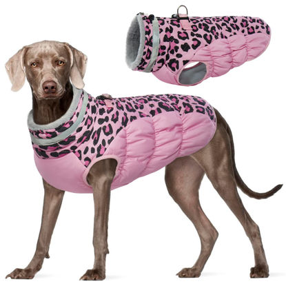 Picture of FUAMEY Dog Winter Coat,Dog Cold Weather Coats Dog Jackets with Zipper on Back with Harness Built in Dog Paded Vest Water Resistant Reflective Jacket for Small Medium Large Dogs Pink Leopard XXL