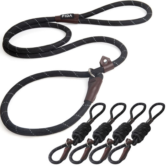 Picture of Fida Durable Slip Lead Dog Leash Bulk Pack of 5, Heavy Duty 1/2" x 6 FT Comfortable Strong Rope Slip Leash for Large, Medium & Small Dogs No Pulling Pet Training Leash with Highly Reflective (Black)