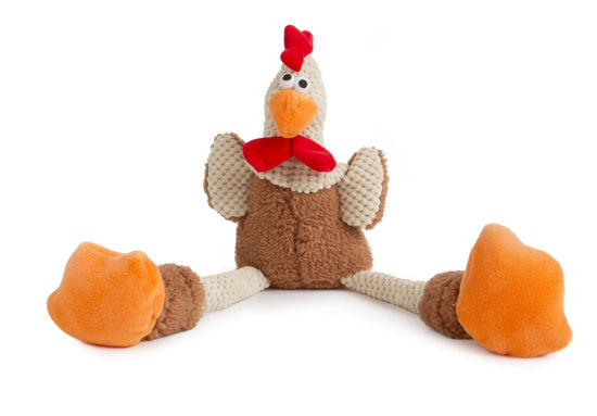 Picture of goDog Checkers Skinny Rooster Squeaky Plush Dog Toy, Chew Guard Technology - Brown, Large