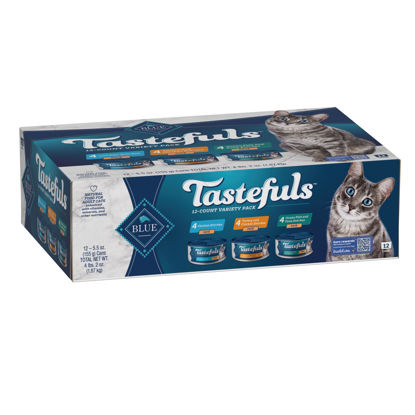 Picture of Blue Buffalo Tastefuls Wet Cat Food Paté Variety Pack, Made with Natural Ingredients | Chicken, Turkey & Chicken, and Ocean Fish & Tuna Entrées, 5.5-oz. Cans (12 Count, 4 of Each)