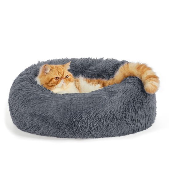 Picture of Bedsure Calming Cat Beds for Indoor Cats - Small Cat Bed Washable 20 inches, Anti-Slip Round Fluffy Plush Faux Fur Pet Bed, Fits up to 15 lbs Pets, Dark Grey