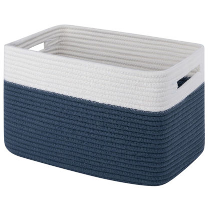 Picture of OIAHOMY Storage Basket, Storage Baskets for Shelves, Cotton Rope Baskets for Storage, Woven Basket for Toys,Towel Baskets for Bathroom - 14.8 * 9.8 * 8.8, Blue & White