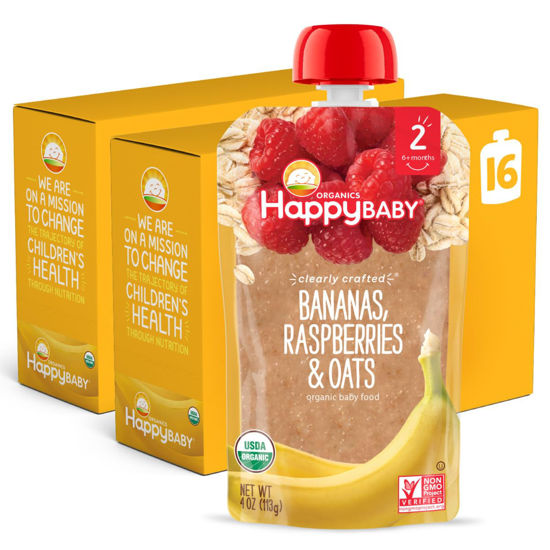 Picture of Happy Baby Organic Bananas, Raspberries And Oats Stage 2 Baby Food, Gluten Free, Vegan, 4 Ounces (Pack Of 16)