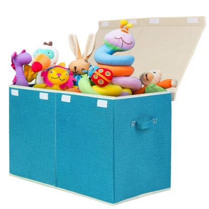 Picture of popoly Large Toy Box Chest Storage with Flip-Top Lid, Collapsible Toy Bin Storage Organizer for Boys, Kids, Girls, Toys, Playroom Organizers, 25"x13" x16"(Linen Teal)