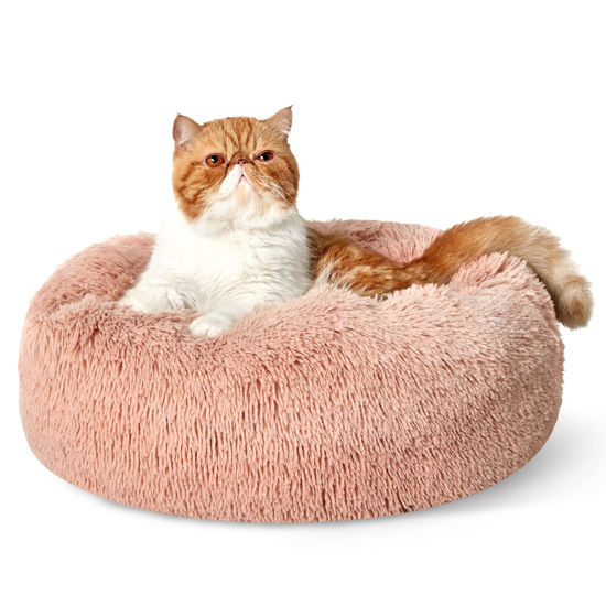 Picture of Bedsure Calming Cat Beds for Indoor Cats - Small Cat Bed Washable 20 inches, Anti-Slip Round Fluffy Plush Faux Fur Pet Bed, Fits up to 15 lbs Pets, Pink