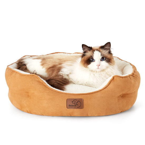 Picture of Bedsure Dog Beds for Small Dogs - Round Cat Beds for Indoor Cats, Washable Pet Bed for Puppy and Kitten with Slip-Resistant Bottom, 20 Inches, Yolk Yellow