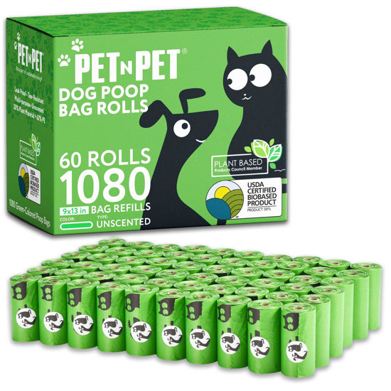 Picture of Pet N Pet 1080 Counts Green Poop Bags for Dogs, 38% Plant Based & 62% PE Extra Thick Dog Poop Bags Rolls, 9" x 13" Unscented Dog Bags for Poop, Doggie Poop Bags, Cat Poop Bags, Pet Waste Bags