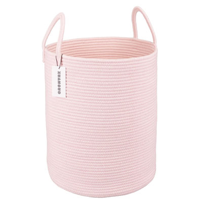 Picture of XUANGUO Cotton Rope Laundry Basket Hamper for Girls Kids Baby Nursery Hamper Bin Woven Storage Basket for Living Room Girls room Boho Tall Rope Baskets for Blanket Toys Large light pink