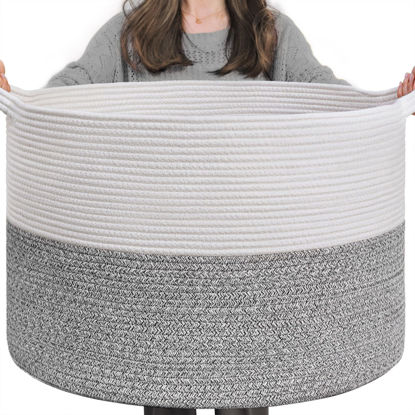 Picture of INDRESSME Large Storage Basket, 21.7'' x 13.8'' Cotton Rope Blanket Basket Living Room, Toy Organizers and Storage with Handles for Kids, Laundry Basket for Clothes, Towel, 90L Grey