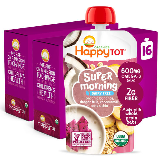 Picture of Happy Tot Organics Super Morning Stage 4 Dairy Free, Bananas, Dragon Fruit, Coconut Milk & Oats + Super Chia, 4 Ounce Pouch (Pack of 16)