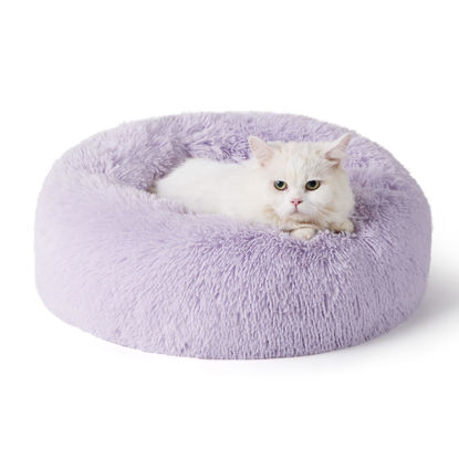 Picture of Bedsure Calming Cat Beds for Indoor Cats - Small Cat Bed Washable 20 inches, Anti-Slip Round Fluffy Plush Faux Fur Pet Bed, Fits up to 15 lbs Pets, Purple