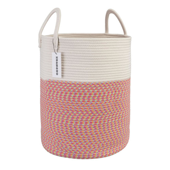 Picture of XUANGUO Cotton Rope Laundry Basket Hamper for Clothes Woven Storage Basket for Living Room Bedroom Boho Tall Rope Baskets for Blanket Toys Pillow Towels Baby Nursery Hamper Bin Large (multicolor)