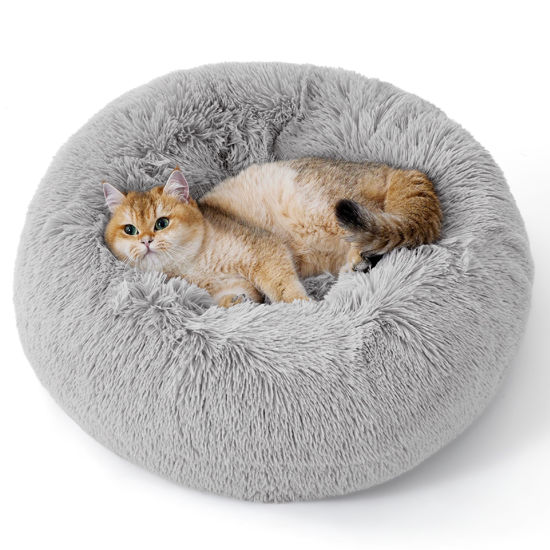 Picture of Bedsure Calming Cat Beds for Indoor Cats - Small Cat Bed Washable 20 inches, Anti-Slip Round Fluffy Plush Faux Fur Pet Bed, Fits up to 15 lbs Pets, Pale Grey