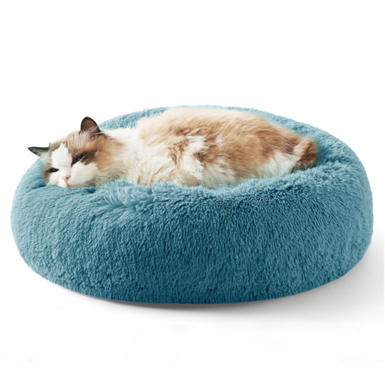 Picture of Bedsure Calming Cat Beds for Indoor Cats - Small Cat Bed Washable 20 inches, Anti-Slip Round Fluffy Plush Faux Fur Pet Bed, Fits up to 15 lbs Pets, Washed Blue