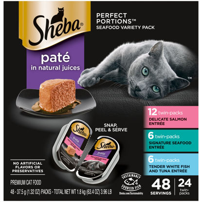 Picture of SHEBA Perfect Portions Paté Wet Cat Food Trays (24 Count, 48 Servings), Signature Seafood Entrée, Easy Peel Twin-Pack Trays