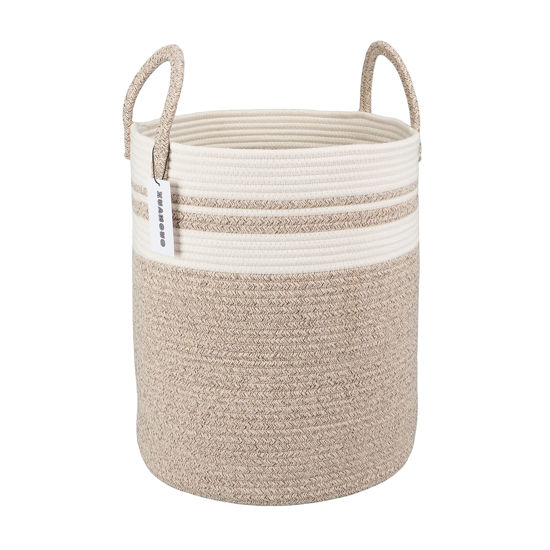 Picture of XUANGUO Cotton Rope Laundry Basket Hamper for Clothes Woven Storage Basket for Living Room Bedroom Boho Tall Rope Baskets for Blanket Toys Pillow Towels Baby Nursery Hamper Bin Large brown and white