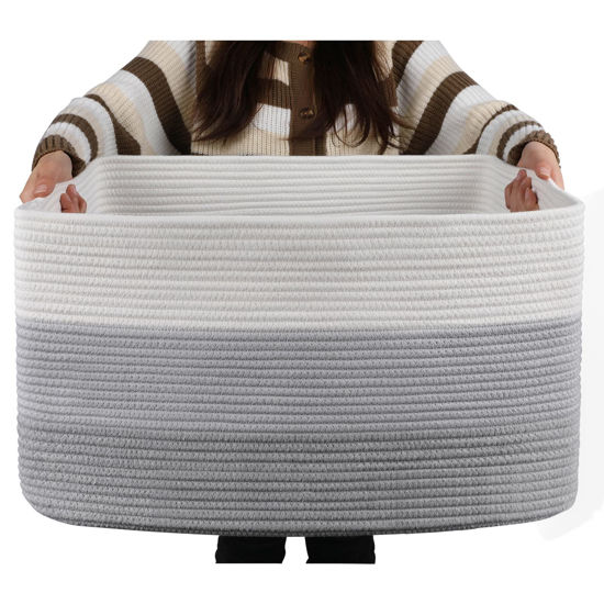 Picture of OIAHOMY Large Blanket Basket, Rectangle Woven Baskets for Storage, Nursery Blanket Basket Living Room, Toy Basket With Handle, Large Baskets for Organizing-22”x17”x12”-Gradient Grey