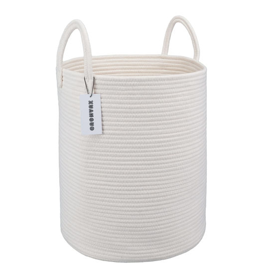 Picture of XUANGUO Cotton Rope Laundry Basket Hamper for Clothes Decorative Woven Storage Basket for Living Room Bedroom Boho Tall Rope Baskets for Blanket Toys Baby Nursery Hamper Bin Large white