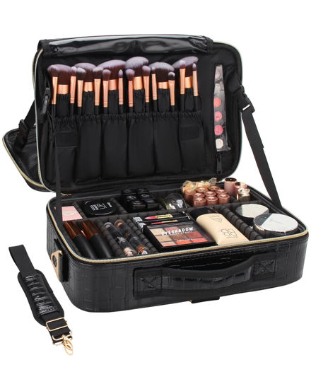 Picture of Relavel Travel Makeup Train Case Makeup Cosmetic Case Organizer Portable Artist Storage Bag with Adjustable Dividers for Cosmetics Makeup Brushes Toiletry Jewelry Digital Accessories