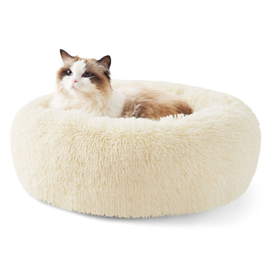 Picture of Bedsure Calming Cat Bed for Indoor Cats - Small Washable Round Cat Bed, Anti-Slip Fluffy Plush Faux Fur Pet Bed, Fits up to 15 lbs Pets, Oat Milk, 20 inches