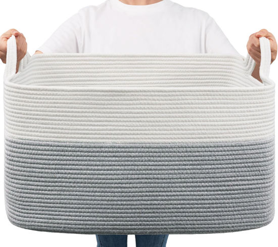 Picture of Goodpick Large Toy Storage Basket, 65L Grey Cotton Rope Basket Toy Storage Bin for Baby, Kids, Woven Storage Basket with Handle for Laundry, Living Room, Nursery, Bedroom, 21.6" x 14.9" x 11.8"