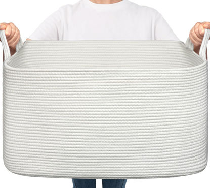 Picture of Goodpick White Storage Baskets for Organizing, Toy Baskets for Kids, Decorative Storage Baskets, Large Blanket Basket Living Room, Woven Baskets for Storage, Rope Laundry Basket, 21.6" x 14.9" x 11.8"