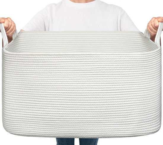 Picture of Goodpick White Storage Baskets for Organizing, Toy Baskets for Kids, Decorative Storage Baskets, Large Blanket Basket Living Room, Woven Baskets for Storage, Rope Laundry Basket, 21.6" x 14.9" x 11.8"