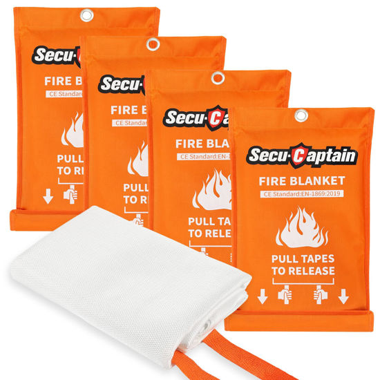 Picture of SecuCaptain Emergency Fire Blanket for Home and Kitchen - 4 Pack 40"x40" Flame Supppression Fiberglass Fire Blankets for House Camping Car Office Warehouse Emergency Survival Safety