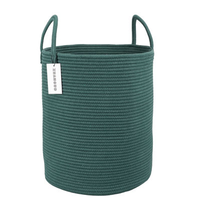 Picture of XUANGUO Cotton Rope Laundry Basket Hamper for Clothes Woven Storage Basket for Living Room Bedroom Boho Tall Rope Baskets for Blanket Toys Pillow Towels Baby Nursery Hamper Bin Large dark green