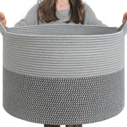 Picture of INDRESSME Extra Large Laundry Basket, Cotton Rope Blanket Basket for Nursery Living Room, Decorative Woven Storage Basket with Handles for Dirty Clothes, Toy Bin For Dog Toys, 21.7 x 13.8 inches, Grey