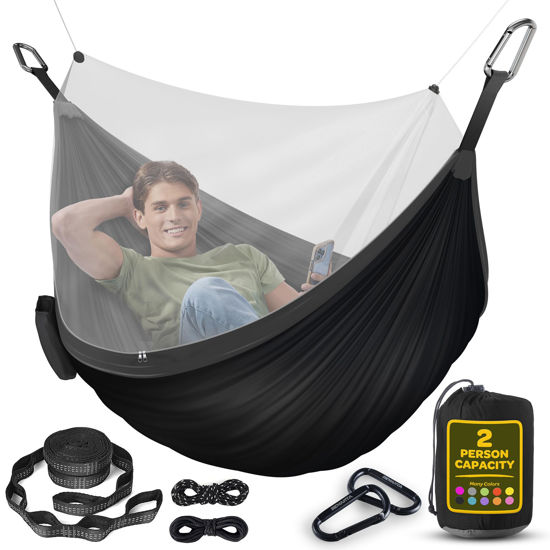 Picture of Durable Hammock 500 lb Capacity, Nylon Camping Hammock Chair - Double or Single Sizes w/Tree Straps and Attached Carry Bag - Portable for Travel/Backpacking (Large, Black with Net)