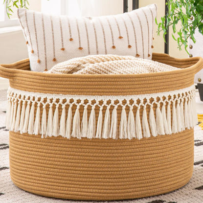 Picture of KAKAMAY Large Blanket Basket (20"x13"),Woven Baskets for storage Baby Laundry Hamper, Cotton Rope Blanket Basket for Living Room, Laundry, Nursery, Pillows, Baby Toy chest (Brown Fringe)