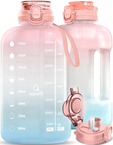 Picture of AQUAFIT 1 Gallon Water Bottle with 2-in-1 Straw & Chug Lid - Gallon Water Bottle with Time Marker and Handle - BPA-Free Gallon Water Jug - 128 oz Large Water Bottles - Hydration Packs (Serenity)