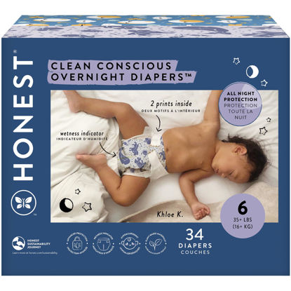 Picture of The Honest Company Clean Conscious Overnight Diapers | Plant-Based, Sustainable | Cozy Cloud + Star Signs | Club Box, Size 6 (35+ lbs), 34 Count