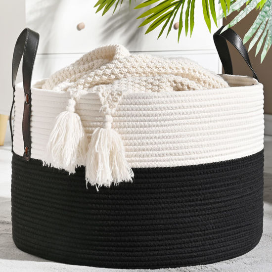 Picture of KAKAMAY Large Blanket Basket (20"x13"),Woven Baskets for storage Baby Laundry Hamper, Cotton Rope Blanket Basket for Living Room, Laundry, Nursery, Pillows, Baby Toy chest (White/Black)