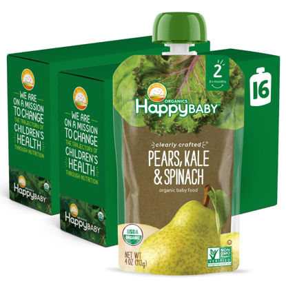 Picture of Happy Baby Organics Stage 2 Baby Food Pouches, Gluten Free, Vegan & Healthy Snack, Clearly Crafted Fruit & Veggie Puree, Pears, Kale & Spinach, 4 Ounces (Pack of 16)