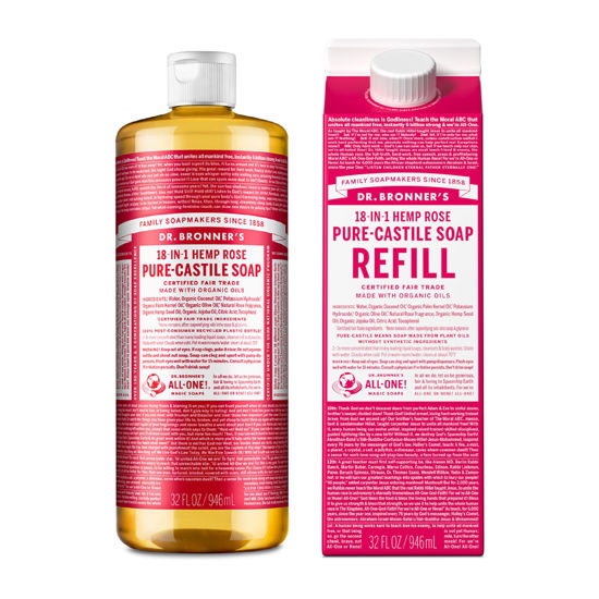 Picture of Dr. Bronner's - Pure-Castile Liquid Soap Bottle & Refill Carton Made with 82% Less Plastic (Rose, 32 oz) - Face, Body, Hair, Laundry, Dishes & More, Super-Concentrated, Organic, Vegan, Non-GMO