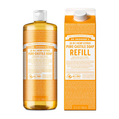 Picture of Dr. Bronner's - Pure-Castile Liquid Soap Bottle & Refill Carton Made with 82% Less Plastic (Citrus, 32 oz) - Face, Body, Hair, Laundry, Dishes & More, Super-Concentrated, Organic, Vegan, Non-GMO