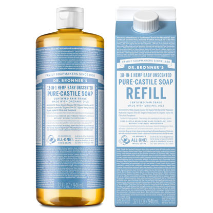 Picture of Dr. Bronner’s Pure-Castile Liquid Soap Bottle & Refill Carton - Made with Regenerative Organic Certified Oils, 82% Less Plastic-18-in-1 Uses for Face, Body Wash, Hand Soap Refill- Baby Unscented,32 oz