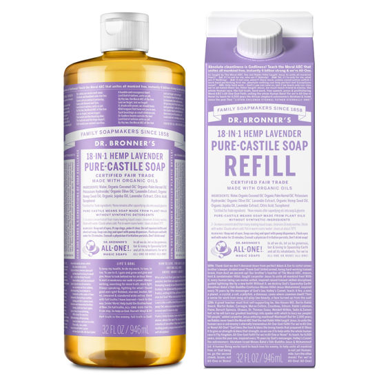 Picture of Dr. Bronner's Pure-Castile Liquid Soap Bottle & Refill Carton - Made with Regenerative Organic Certified Oils, 82% Less Plastic-18-in-1 Uses for Face, Body Wash, Hand Soap Refill- Lavender,32oz